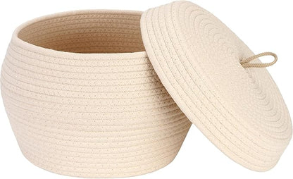 Sea Team Round Cotton Rope Storage Basket with Lid, Decorative Woven Storage Bin, Pot, Caddy, Organizer, Container for Snacks, Towels, Plants, 13 x 9 Inches (Large, Cream)