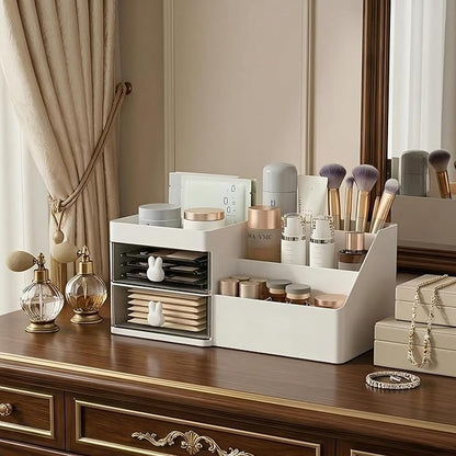 Makeup Organizer With 2 Drawers, Countertop Organizer For Vanity, Bathroom Organizers And Storage, Bathroom And Bedroom Desk Cosmetics Organizer For Skin Care, Brushes, Eyeshadow, Lotions (White)
