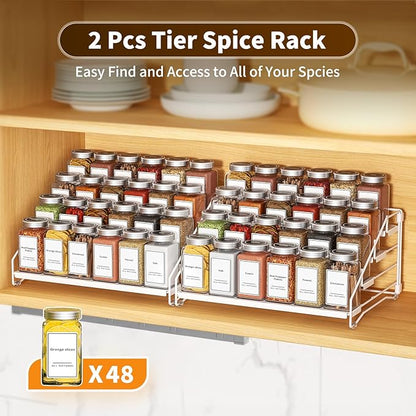 BOIVSHI Spice Organization for Cabinet, Spice Rack Organizer, Spice Rack Organizer for Cabinet, Depth Adjustable Seasoning Organzier Organizer for Cabinet, Countertop, Pantry, Metal, White (2 Pack)