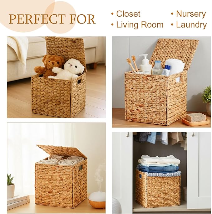 Jinei 6 Pcs Wicker Storage Basket with Lid Bulk 12 x 12 x 12 Inch Handwoven Water Hyacinth Cube Bin with Handles Woven Laundry for Organizer Shelves Wood Color