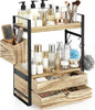 2-Tier Bathroom Counter Organizer with 2 Drawers, Basket and Hooks, Wood Bathroom Organizers and Storage for Countertop, Farmhouse Bathroom Countertop Organizer for Vanity, Kitchen, Coffee Bar, Office