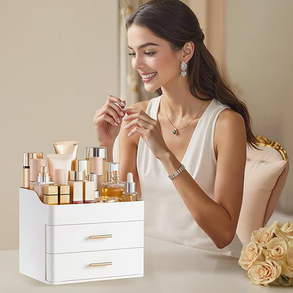 HBlife Makeup Organizer for Vanity with 2 Drawers, Large Bathroom Countertop Cosmetics Organizer Skin Care Storage, Easy to Store Lipsticks, Nail Polishes, Perfumes, Eyeshadow Palettes, All White
