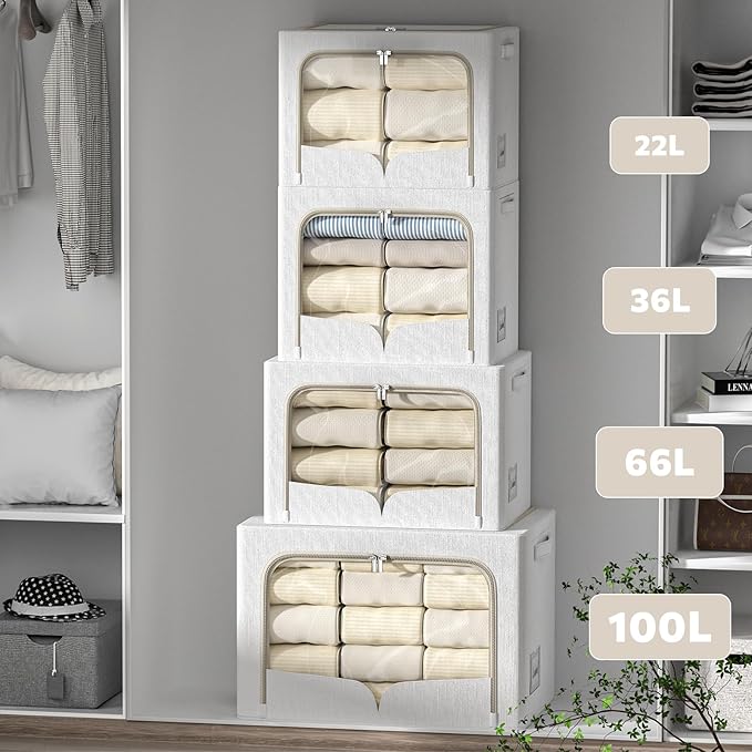 FHSQX 3 Pack Clothes Storage Bins - Foldable Metal Frame Storage Box - Stackable Linen Fabric Container Organizer Set with Carrying Handles and Clear Window (Cream White, 19.7x15.7x13inch(66L))