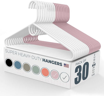 Super Heavy Duty Clothes Hangers 30 Pack – Made in the USA - 10lb Capacity, Thick Plastic Hangers for Pants, Coats, Jackets, Jeans and Adult Clothing – White & Pink