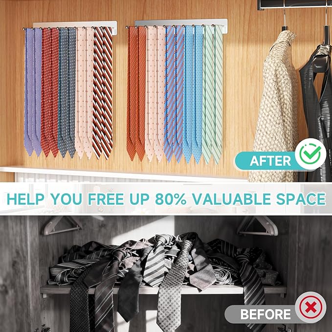 Tie Rack Wall Mounted, Tie Holder Organizer, Closet Ties Organizer Stainless Steels, Adhesive Ties Racks for Men With 20 Hooks, Hanger Storage for Wall Bedroom Living Room Dresser Room (Sliver)