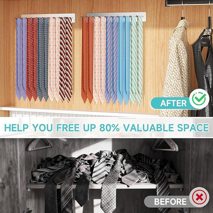 Tie Rack Wall Mounted, Tie Holder Organizer, Closet Ties Organizer Stainless Steels, Adhesive Ties Racks for Men With 20 Hooks, Hanger Storage for Wall Bedroom Living Room Dresser Room (Sliver)