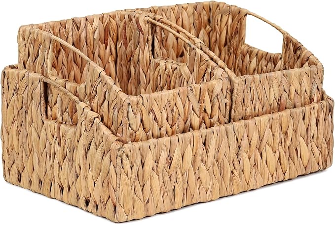 Rattan Storage Baskets, Handwoven Wicker Storage Bins with Built-in Handles, Storage Container Baskets for Shelves, Bedroom, Bathroom, Laundry Room or Kitchen(Natural)