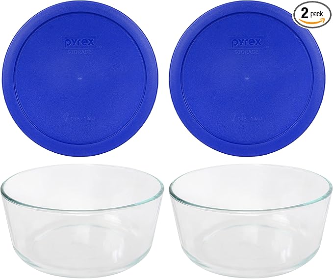 Pyrex 7203 7 Cup Glass Bowls & 7402-PC Cadet Blue Food Storage Replacement Lids (2-Pack) - Made in USA