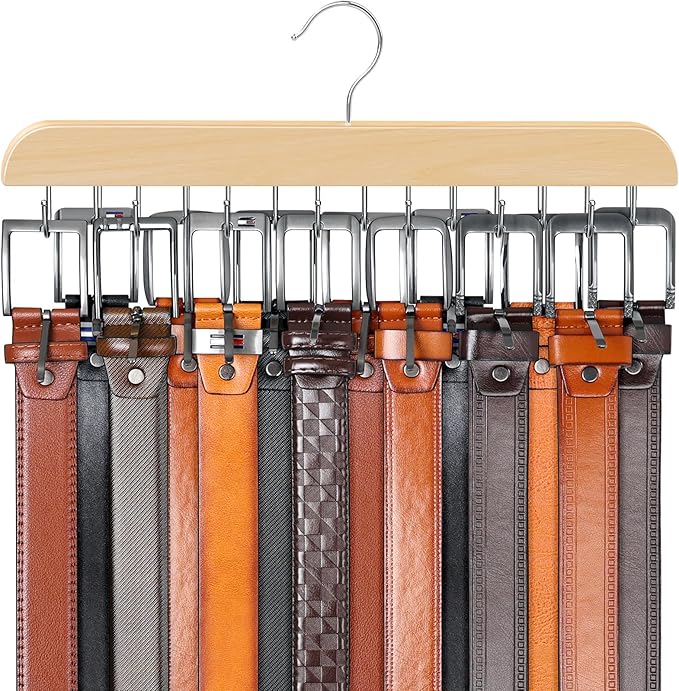 Belt Hanger for Closet Max 42 Belts, Sturdy Wood Belts Rack Closet Accessories with 14 Hooks Belt Organizer for Men Organizers and Storage -Wood 1 Pack