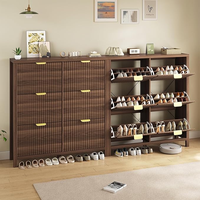 YOMILUVE 47.3" Shoe Cabinet Storage for Entryway, Fluted Shoe Cabinet with 6 Flip Drawers, Hidden Shoe Rack Freestanding Wooden Shoe Organizer with Legs for Hallway, Walnut