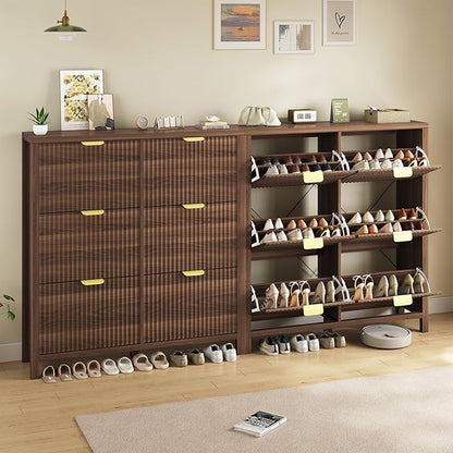 YOMILUVE 47.3" Shoe Cabinet Storage for Entryway, Fluted Shoe Cabinet with 6 Flip Drawers, Hidden Shoe Rack Freestanding Wooden Shoe Organizer with Legs for Hallway, Walnut
