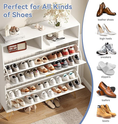 Fluted Shoe Cabinet Storage for Entryway, 39'' Large White Shoe Organizer with 2 Flip Drawers & Open Shelf, Freestanding Hidden Shoe Storage Cabinet