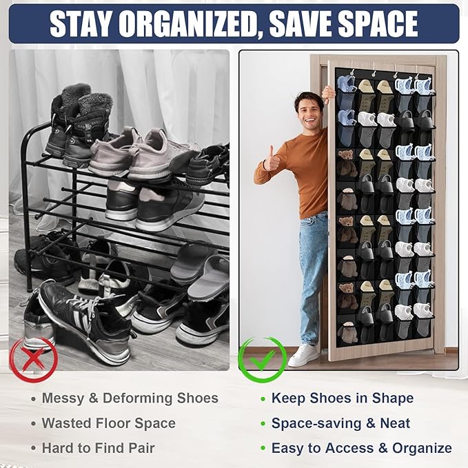 Over the Door Shoe Organizer - 40 Large Breathable Mesh Pockets, Space Saving Hanging Shoe Organizer with Metal Hooks, Hanging Shoe Rack for Men's and Women's Shoes (Black)