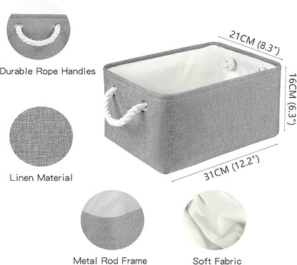 Storage Bins with Sturdy Cotton Handles(1 Pack), Fabric Storage Baskets for Organizing use for Office & Home, Book, Clothes, Toys, Closet Boxes (Small, Grey, 12.2x8.3x6.3 inches)