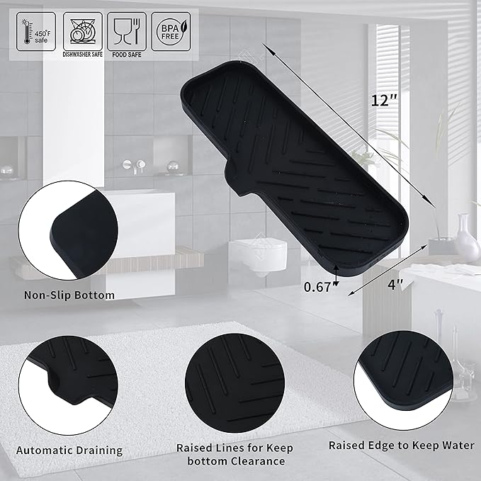 MicoYang Silicone Bathroom Soap Dishes with Drain Spout-Bathroom and Kitchen Sink Organizer,Sponge Holder,Dish Soap Tray,Perfect for Dispenser,Scrubber,Bottle,Cup on Sink or Counter-Black 12"×4"