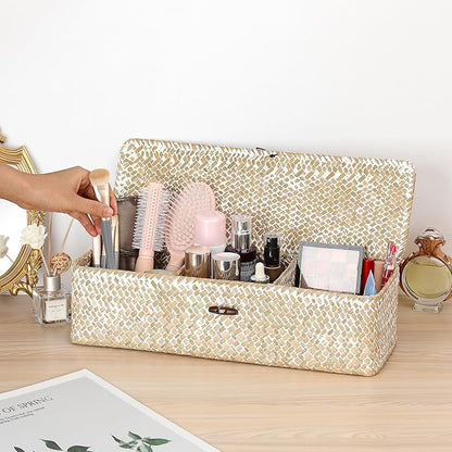 Hipiwe Storage Basket with Lid 3 Sections Handwoven Seagrass Basket Rectangular Closet Organizer Bin Multipurpose Storage Box for Bathroom Shelf Kitchen, Whitewash