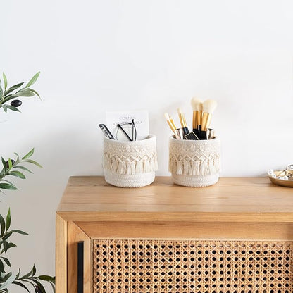 Mkono Macrame Makeup Brush Holder Organizer Comb Brushes Mini Storage Basket Set of 2 Boho Decor Baskets for Pen Pencil Box Container, X-Small, Ivory