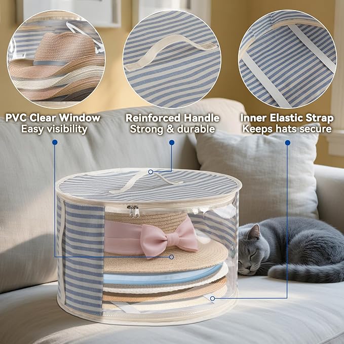 1 Pack Hat Storage Box with Clear Window, Holds up to 7 Caps Cowboy Hat Organizer Bag for Closet for Wide Brim Hats with Carrying Handles, Blue