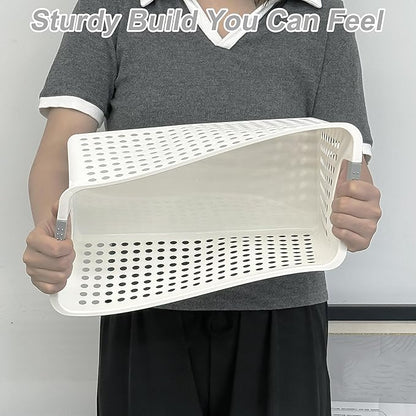 Soddeph Slim Plastic Storage Basket with Handles, Narrow Organizer box for Shelves, Organizer box for Organizing, Kitchen,Home,Office (White, Medium)