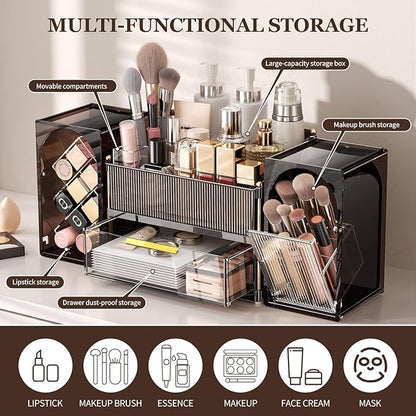 Makeup Organizer for Vanity with Brush Holder, Large Bathroom Countertop Cosmetic Organizer Skin Care Storage, Easy to Store Lipsticks, Nail Polishes, Perfumes (Brown+Transparent)