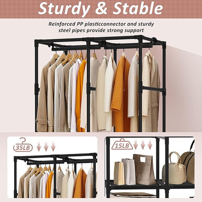Wardrobe Closet, Quick and Easy Assembly, Black Portable Closet with 2 Hanging Rods 4 Storage Shelves and 8 Side Pockets, Sturdy and Stable Clothes Rack with Cover, for Bedroom and Dormitory