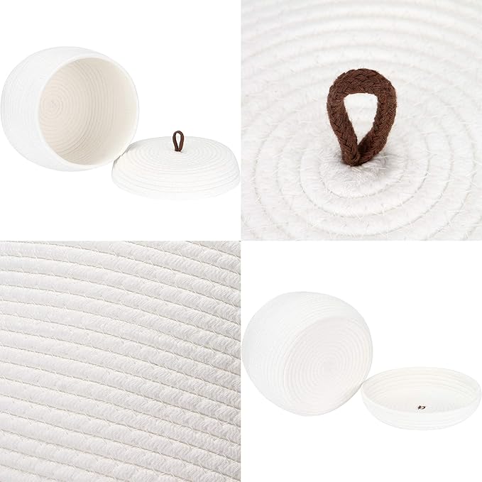 Sea Team Round Cotton Rope Storage Basket with Lid, Decorative Woven Storage Bin, Pot, Caddy, Organizer, Container for Snacks, Towels, Plants (White, Small/2-Pack)