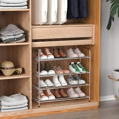 4 Tier Expandable Shoe Rack for Closet, Stainless Steel Shoe Shelf, Strong Weight Capacity Shoes Organizer, Easy to Install and Saving Space Standing Shelf with Sturdy Frame(4 Tier)