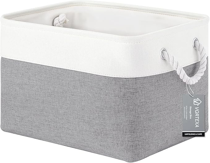 Large Storage Baskets- 15x11x10 inch Storage Bins for Shelves and Closet Organizing, Foldable Fabric Bin for Home Organization Clothes and Laundry (1-Pack, White&Gray)