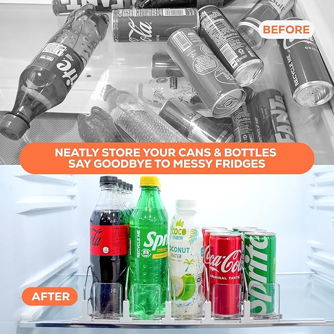 Upgraded Premium Drink Organizer for Fridge. Ultra Space Saving Drink Dispenser for Refrigerator with Larger Stopper Height and Automatic Pusher with Locking Feature. Holds 25 Cans (5 Rows, White)