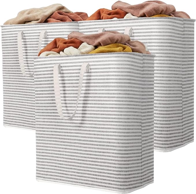 Lifewit 3 Pack Laundry Basket 100L Each, Collapsible Clothes Hamper with Reinforced Handles, Freestanding Waterproof Design for Bedroom and Laundry Room, Grey 300L Total