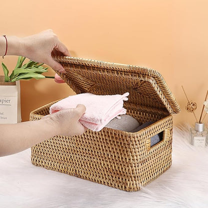 Hipiwe Rattan Basket with Lid Rectangular Lidded Basket Natural Hand-Woven Wicker Storage Basket Bin for Shelf Organizing Picnic Food Bread Table Storage Basket, 12"x7.9"x 5.9"