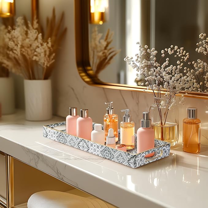 MAONAME Plastic Vanity Tray, Bathroom Counter Tray, Decorative Trays with Handles, Storage Dresser Trays Organizer for Toilet Tank, Jewelry, Makeup, 13.8" x 6" x 1.57"