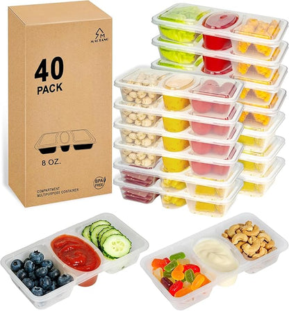 MACTANO 8 OZ Reusable Snack Containers with Lids, New 3 Compartment Condiment Snack Pack Containers 40 Sets