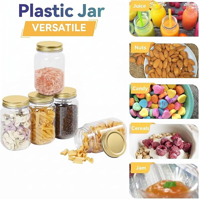 novelinks 16 oz Clear Plastic Jars with Lids, Refillable 16oz Mason Jars with Lids & Storage Containers for Kitchen & Household Use (10 Pack,Gold)