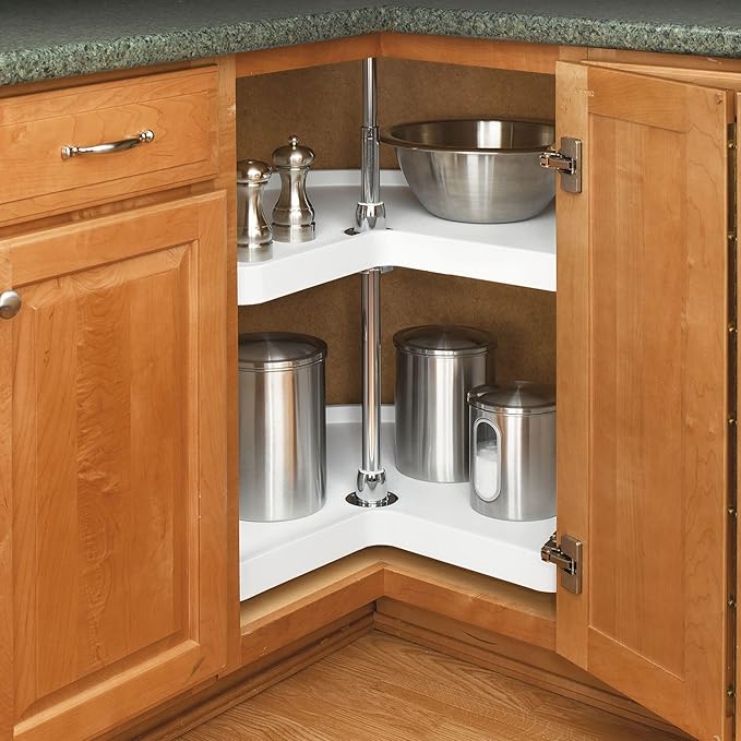 Rev-A-Shelf 32" Kidney Shaped Dual Tier Lazy Susan Organizer for Corner Base Kitchen Cabinets, Plastic Home Storage Shelves, 32" W x 22.43" D x 26" H, White, 6472-32-11-52