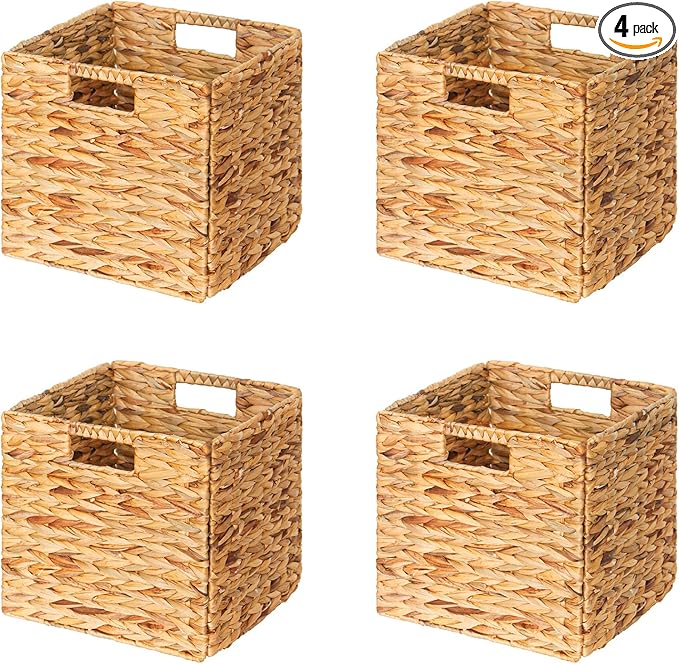SpaceAid 4 Pack Wicker Basket, Storage Baskets for Organizing, Woven Rattan Basket with Handles for Shelves, Water Hyacinth Large Cube Organizer Storage Bin, 12x12x12 inch, Natural