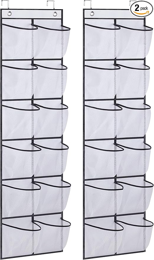MISSLO Over The Door Shoe Organizer 12 Large Mesh Pockets Hanging Narrow Closet Door, White, 2 Pack
