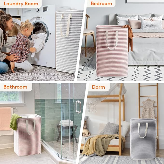 Lifewit 2 Pack Laundry Basket 85L Each, Collapsible Clothes Hamper with Reinforced Handles, Freestanding Waterproof Design for Bedroom and Laundry Room, Grey&Pink 170L Total