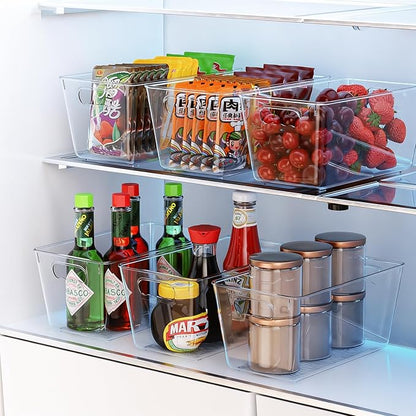 6 Pack Clear Pantry Organizer Bins, Fridge Organiser Set, Plastic Containers with Handle,Home Organization Must Haves for Kitchen,Freezer,Cabinet,Closet,Bathroom Under Sink Storage