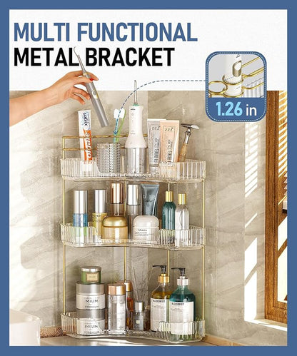 EUHOME 3-Tier Corner Bathroom Counter Organizer Makeup Cosmetic Storage, Tool-Free Installation Acrylic Vanity Shelf, Countertop Storage Organizers Perfume Tray for Bathroom, Dresser, Kitchen (Clear)