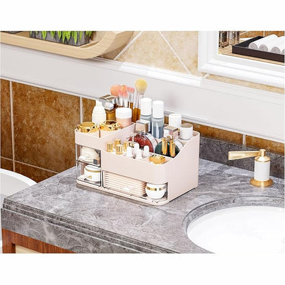 Pink Make up Organizers for Vanity with 3 Drawers,Large Skincare Organizers for Countertop,Desk,Dresser,Plastic Bathroom Counter Organizer for Eyeshadow Palettes,Perfume,Make up Brush Organization