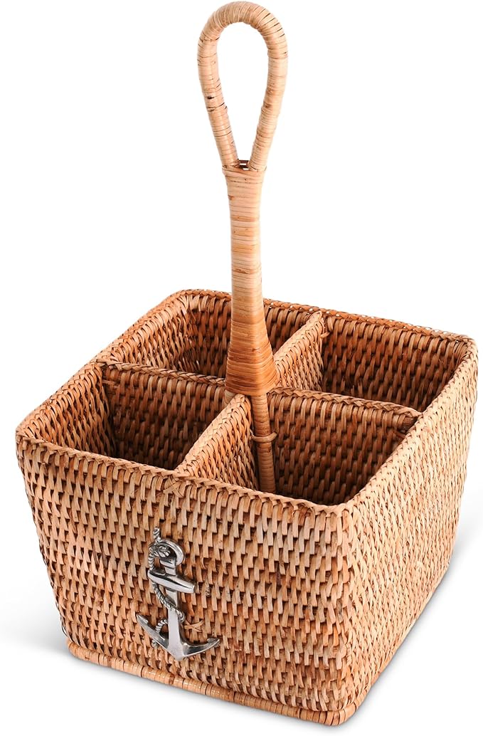 Vagabond House Coastal Woven Rattan Silverware Organizer, Natural Eco-Friendly 4-Compartment Kitchen Storage, Designer Wicker Utensil Holder for Beach House, Picnic, Party, Desk Outdoors
