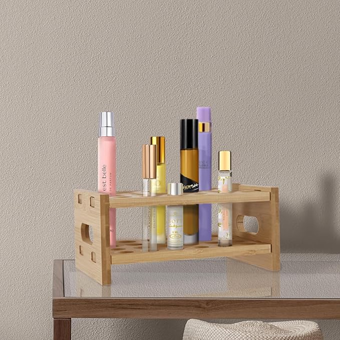 Bamboo Perfume Holder Compatible with Scentbird, Ultra-Sturdy Design Roller Ball Perfume Organizer Display Stand, Tool-Free Setup, 24 Slots for Perfume Oils, Lip Gloss, Lipstick, Essential Oil