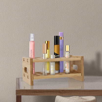Bamboo Perfume Holder Compatible with Scentbird, Ultra-Sturdy Design Roller Ball Perfume Organizer Display Stand, Tool-Free Setup, 24 Slots for Perfume Oils, Lip Gloss, Lipstick, Essential Oil