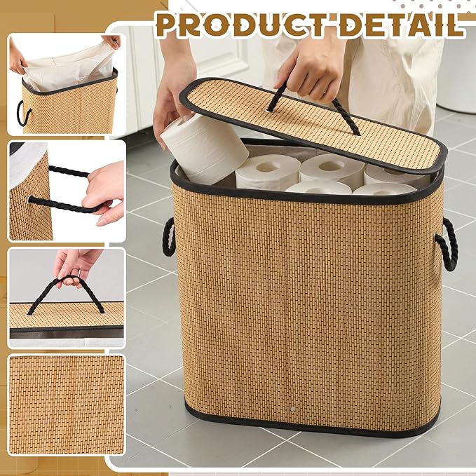 Leinuosen Bamboo Toilet Paper Storage Basket 8 Gallons/30 L Toilet Paper Organizer Holder with Lid Waterproof for Kitchen Bathroom Home(Walnut,Stylish)