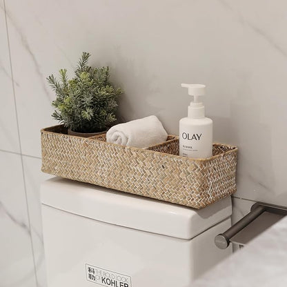 Seagrass Tank Basket for Toilet Paper 3 Sections Woven Storage Basket with Large Compartment Whitewash (16.5inch x 5.5inch x 3.5inch)