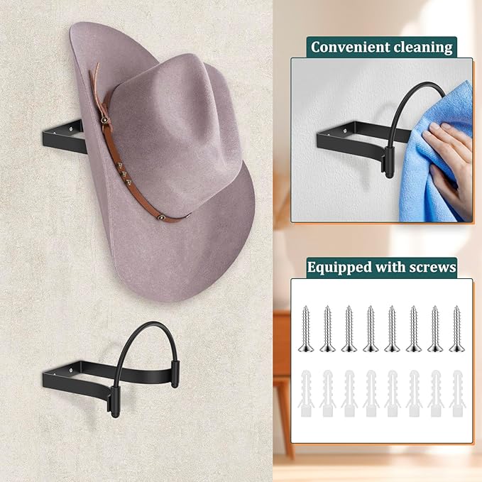 4 Pcs Metal Cowboy Hat Rack, Wall Mounted, Black Cap Holder, Multifunctional Western Rustic Decorative Cowboy Hat Hooks for Home Apartment Dormitory
