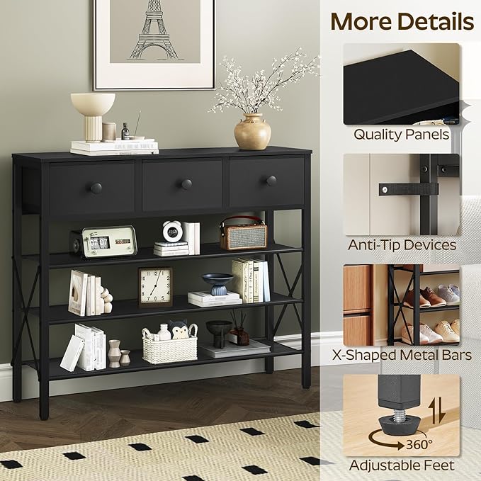 YATINEY 4-Tier Shoe Rack with 3 Drawers, Metal Shoe Organizer for 15 Pairs with Storage Shelves and Wooden Top, for Entryway, Hallway, Foyer, Closet, Black SS34BB