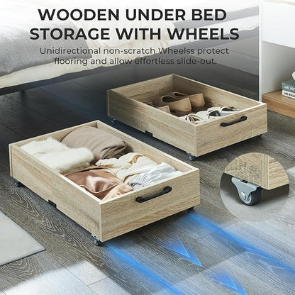 TIOPGHAD Under Bed Storage with Wheels, 2-Pack Under Bed Shoe Storage Organizer Drawer, Composite Wood Organizer for Shoes Clothes Containers in Bedroom for Clothes,Shoes(Oak)