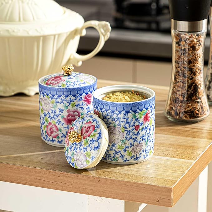 2 Pcs Vintage Chinese Ceramic Porcelain Salt Cellar with Lid Ceramic Salt Holder Container for Coffee, Sugar, Spices and Candies, Airtight Spice Jar, Kitchen Storage Dish (Colorful)